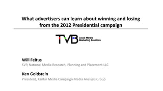 What advertisers can learn about winning and losing
       from the 2012 Presidential campaign




Will Feltus
SVP, National Media Research, Planning and Placement LLC

Ken Goldstein
President, Kantar Media Campaign Media Analysis Group
 