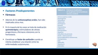 Trombosis Venosa Cerebral
 Factores Predisponentes
 Fármacos
 Además de los anticonceptivos orales, han sido
implicados otros mas.
 En la mayoría de los casos se trata de medicación
quimioterápica, estimuladores de células
progenitoras y fármacos relaciones con la
hemostasia.
 Constituye un factor de confusión cuando se
intenta establecer una relación entre las
enfermedades autoinmunes.
 