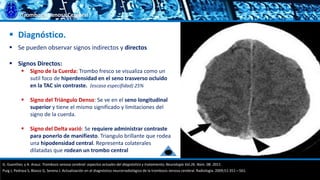 Trombosis Venosa Cerebral
 Diagnóstico.
 Se pueden observar signos indirectos y directos
 Signos Directos:
 Signo de la Cuerda: Trombo fresco se visualiza como un
sutil foco de hiperdensidad en el seno trasverso ocluido
en la TAC sin contraste. (escasa especifidad) 25%
 Signo del Triángulo Denso: Se ve en el seno longitudinal
superior y tiene el mismo significado y limitaciones del
signo de la cuerda.
 Signo del Delta vació: Se requiere administrar contraste
para ponerlo de manifiesto. Triangulo brillante que rodea
una hipodensidad central. Representa colaterales
dilatadas que rodean un trombo central
G. Guenther, y A. Arauz. Trombosis venosa cerebral: aspectos actuales del diagnóstico y tratamiento; Neurología Vol.26. Núm. 08. 2011.
Puig J, Pedraza S, Blasco G, Serena J. Actualización en el diagnóstico neurorradiológico de la trombosis venosa cerebral. Radiología. 2009;51:351—561.
 