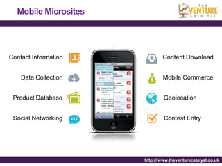 Mobile Microsites




Contact Information           Content Download


    Data Collection           Mobile Commerce


 Product Database              Geolocation


 Social Networking             Contest Entry




                      http:///www.theventurecatalyst.co.uk
 