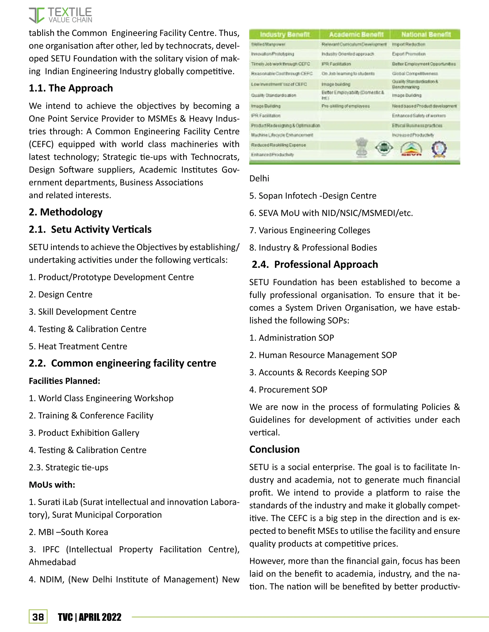 38 TVC | APRIL 2022
tablish the Common Engineering Facility Centre. Thus,
one organisation after other, led by technocrats, devel-
oped SETU Foundation with the solitary vision of mak-
ing Indian Engineering Industry globally competitive.
1.1. The Approach
We intend to achieve the objectives by becoming a
One Point Service Provider to MSMEs & Heavy Indus-
tries through: A Common Engineering Facility Centre
(CEFC) equipped with world class machineries with
latest technology; Strategic tie-ups with Technocrats,
Design Software suppliers, Academic Institutes Gov-
ernment departments, Business Associations
and related interests.
2. Methodology
2.1. Setu Activity Verticals
SETU intends to achieve the Objectives by establishing/
undertaking activities under the following verticals:
1. Product/Prototype Development Centre
2. Design Centre
3. Skill Development Centre
4. Testing & Calibration Centre
5. Heat Treatment Centre
2.2. Common engineering facility centre
Facilities Planned:
1. World Class Engineering Workshop
2. Training & Conference Facility
3. Product Exhibition Gallery
4. Testing & Calibration Centre
2.3. Strategic tie-ups
MoUs with:
1. Surati iLab (Surat intellectual and innovation Labora-
tory), Surat Municipal Corporation
2. MBI –South Korea
3. IPFC (Intellectual Property Facilitation Centre),
Ahmedabad
4. NDIM, (New Delhi Institute of Management) New
Delhi
5. Sopan Infotech -Design Centre
6. SEVA MoU with NID/NSIC/MSMEDI/etc.
7. Various Engineering Colleges
8. Industry & Professional Bodies
2.4. Professional Approach
SETU Foundation has been established to become a
fully professional organisation. To ensure that it be-
comes a System Driven Organisation, we have estab-
lished the following SOPs:
1. Administration SOP
2. Human Resource Management SOP
3. Accounts & Records Keeping SOP
4. Procurement SOP
We are now in the process of formulating Policies &
Guidelines for development of activities under each
vertical.
Conclusion
SETU is a social enterprise. The goal is to facilitate In-
dustry and academia, not to generate much financial
profit. We intend to provide a platform to raise the
standards of the industry and make it globally compet-
itive. The CEFC is a big step in the direction and is ex-
pected to benefit MSEs to utilise the facility and ensure
quality products at competitive prices.
However, more than the financial gain, focus has been
laid on the benefit to academia, industry, and the na-
tion. The nation will be benefited by better productiv-
 