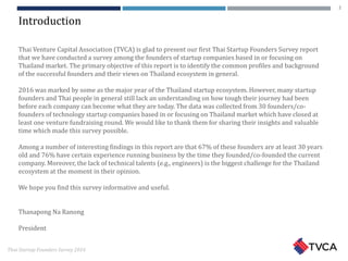 Thai Startup Founders Survey 2016
Introduction
Thai Venture Capital Association (TVCA) is glad to present our first Thai Startup Founders Survey report
that we have conducted a survey among the founders of startup companies based in or focusing on
Thailand market. The primary objective of this report is to identify the common profiles and background
of the successful founders and their views on Thailand ecosystem in general.
2016 was marked by some as the major year of the Thailand startup ecosystem. However, many startup
founders and Thai people in general still lack an understanding on how tough their journey had been
before each company can become what they are today. The data was collected from 30 founders/co-
founders of technology startup companies based in or focusing on Thailand market which have closed at
least one venture fundraising round. We would like to thank them for sharing their insights and valuable
time which made this survey possible.
Among a number of interesting findings in this report are that 67% of these founders are at least 30 years
old and 76% have certain experience running business by the time they founded/co-founded the current
company. Moreover, the lack of technical talents (e.g., engineers) is the biggest challenge for the Thailand
ecosystem at the moment in their opinion.
We hope you find this survey informative and useful.
Thanapong Na Ranong
President
2
 