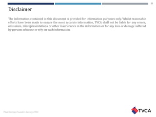 Thai Startup Founders Survey 2016
Disclaimer
The information contained in this document is provided for information purposes only. Whilst reasonable
efforts have been made to ensure the most accurate information, TVCA shall not be liable for any errors,
omissions, misrepresentations or other inaccuracies in the information or for any loss or damage suffered
by persons who use or rely on such information.
22
 