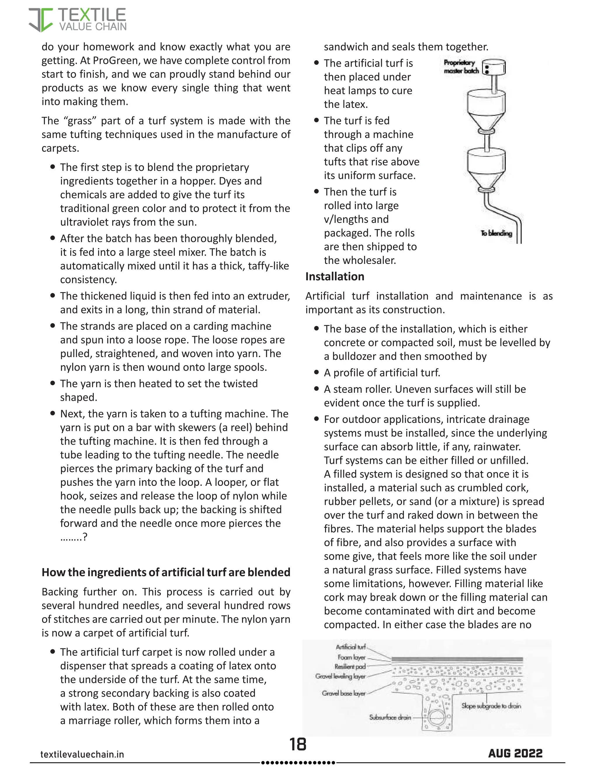 18 AUG 2022
textilevaluechain.in
do your homework and know exactly what you are
getting. At ProGreen, we have complete control from
start to finish, and we can proudly stand behind our
products as we know every single thing that went
into making them.
The “grass” part of a turf system is made with the
same tufting techniques used in the manufacture of
carpets.
y
y The first step is to blend the proprietary
ingredients together in a hopper. Dyes and
chemicals are added to give the turf its
traditional green color and to protect it from the
ultraviolet rays from the sun.
y
y After the batch has been thoroughly blended,
it is fed into a large steel mixer. The batch is
automatically mixed until it has a thick, taffy-like
consistency.
y
y The thickened liquid is then fed into an extruder,
and exits in a long, thin strand of material.
y
y The strands are placed on a carding machine
and spun into a loose rope. The loose ropes are
pulled, straightened, and woven into yarn. The
nylon yarn is then wound onto large spools.
y
y The yarn is then heated to set the twisted
shaped.
y
y Next, the yarn is taken to a tufting machine. The
yarn is put on a bar with skewers (a reel) behind
the tufting machine. It is then fed through a
tube leading to the tufting needle. The needle
pierces the primary backing of the turf and
pushes the yarn into the loop. A looper, or flat
hook, seizes and release the loop of nylon while
the needle pulls back up; the backing is shifted
forward and the needle once more pierces the
……..?
How the ingredients of artificial turf are blended
Backing further on. This process is carried out by
several hundred needles, and several hundred rows
of stitches are carried out per minute. The nylon yarn
is now a carpet of artificial turf.
y
y The artificial turf carpet is now rolled under a
dispenser that spreads a coating of latex onto
the underside of the turf. At the same time,
a strong secondary backing is also coated
with latex. Both of these are then rolled onto
a marriage roller, which forms them into a
sandwich and seals them together.
y
y The artificial turf is
then placed under
heat lamps to cure
the latex.
y
y The turf is fed
through a machine
that clips off any
tufts that rise above
its uniform surface.
y
y Then the turf is
rolled into large
v/lengths and
packaged. The rolls
are then shipped to
the wholesaler.
Installation
Artificial turf installation and maintenance is as
important as its construction.
y
y The base of the installation, which is either
concrete or compacted soil, must be levelled by
a bulldozer and then smoothed by
y
y A profile of artificial turf.
y
y A steam roller. Uneven surfaces will still be
evident once the turf is supplied.
y
y For outdoor applications, intricate drainage
systems must be installed, since the underlying
surface can absorb little, if any, rainwater.
Turf systems can be either filled or unfilled.
A filled system is designed so that once it is
installed, a material such as crumbled cork,
rubber pellets, or sand (or a mixture) is spread
over the turf and raked down in between the
fibres. The material helps support the blades
of fibre, and also provides a surface with
some give, that feels more like the soil under
a natural grass surface. Filled systems have
some limitations, however. Filling material like
cork may break down or the filling material can
become contaminated with dirt and become
compacted. In either case the blades are no
 