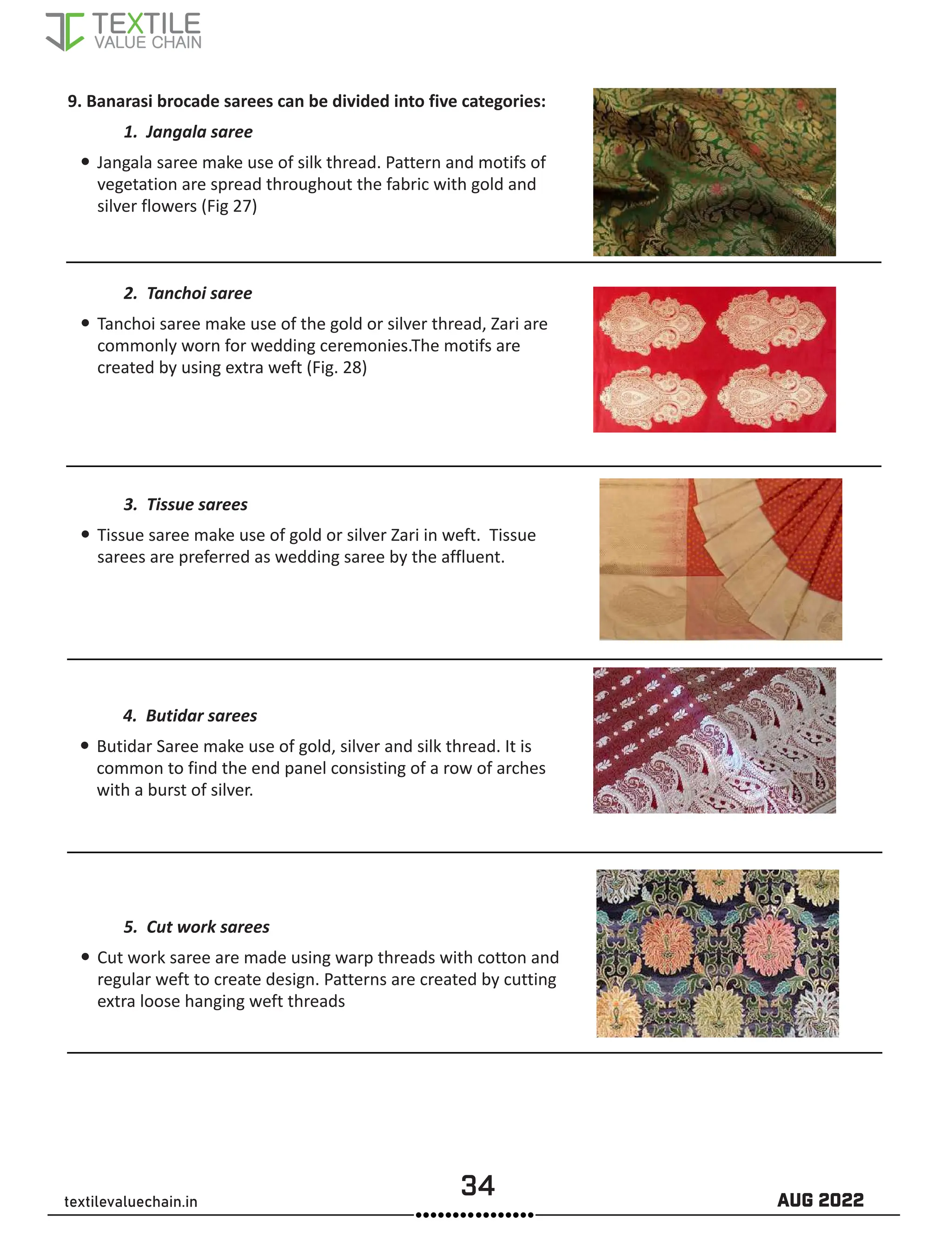 34 AUG 2022
textilevaluechain.in
9. Banarasi brocade sarees can be divided into five categories:
1. Jangala saree
y
y Jangala saree make use of silk thread. Pattern and motifs of
vegetation are spread throughout the fabric with gold and
silver flowers (Fig 27)
2. Tanchoi saree
y
y Tanchoi saree make use of the gold or silver thread, Zari are
commonly worn for wedding ceremonies.The motifs are
created by using extra weft (Fig. 28)
3. Tissue sarees
y
y Tissue saree make use of gold or silver Zari in weft. Tissue
sarees are preferred as wedding saree by the affluent.
4. Butidar sarees
y
y Butidar Saree make use of gold, silver and silk thread. It is
common to find the end panel consisting of a row of arches
with a burst of silver.
5. Cut work sarees
y
y Cut work saree are made using warp threads with cotton and
regular weft to create design. Patterns are created by cutting
extra loose hanging weft threads
 