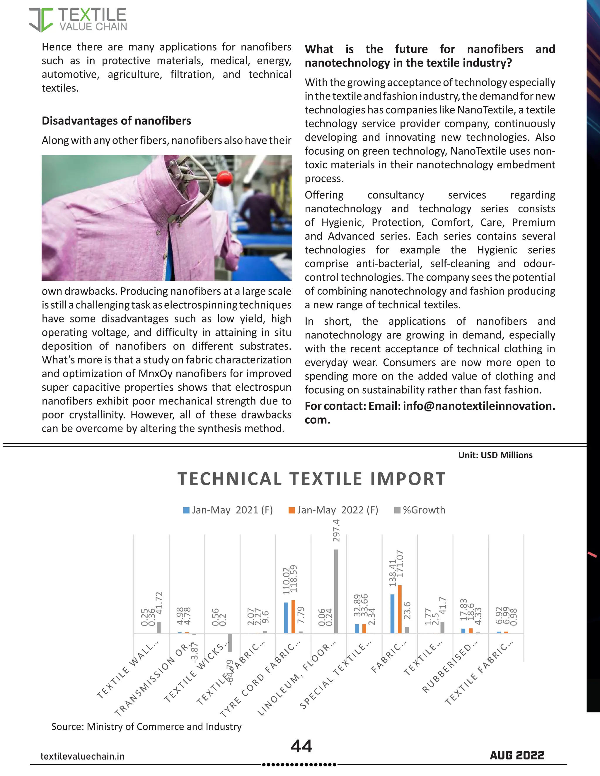 44 AUG 2022
textilevaluechain.in
Hence there are many applications for nanofibers
such as in protective materials, medical, energy,
automotive, agriculture, filtration, and technical
textiles.
Disadvantages of nanofibers
Alongwithanyotherfibers,nanofibersalsohavetheir
own drawbacks. Producing nanofibers at a large scale
isstillachallengingtaskaselectrospinningtechniques
have some disadvantages such as low yield, high
operating voltage, and difficulty in attaining in situ
deposition of nanofibers on different substrates.
What’s more is that a study on fabric characterization
and optimization of MnxOy nanofibers for improved
super capacitive properties shows that electrospun
nanofibers exhibit poor mechanical strength due to
poor crystallinity. However, all of these drawbacks
can be overcome by altering the synthesis method.
What is the future for nanofibers and
nanotechnology in the textile industry?
Withthegrowingacceptanceoftechnologyespecially
inthetextileandfashionindustry,thedemandfornew
technologies has companies like NanoTextile, a textile
technology service provider company, continuously
developing and innovating new technologies. Also
focusing on green technology, NanoTextile uses non-
toxic materials in their nanotechnology embedment
process.
Offering consultancy services regarding
nanotechnology and technology series consists
of Hygienic, Protection, Comfort, Care, Premium
and Advanced series. Each series contains several
technologies for example the Hygienic series
comprise anti-bacterial, self-cleaning and odour-
control technologies. The company sees the potential
of combining nanotechnology and fashion producing
a new range of technical textiles.
In short, the applications of nanofibers and
nanotechnology are growing in demand, especially
with the recent acceptance of technical clothing in
everyday wear. Consumers are now more open to
spending more on the added value of clothing and
focusing on sustainability rather than fast fashion.
For contact: Email: info@nanotextileinnovation.
com.
0.25
4.98
0.56
2.07
110.02
0.06
32.89
138.41
1.77
17.83
6.92
0.36
4.78
0.2
2.27
118.59
0.24
33.66
171.07
2.5
18.6
6.99
41.72
-3.87
-64.79
9.6
7.79
297.4
2.34
23.6
41.7
4.33
0.98
TECHNICAL TEXTILE IMPORT
Jan-May 2021 (F) Jan-May 2022 (F) %Growth
Source: Ministry of Commerce and Industry
Unit: USD Millions
 