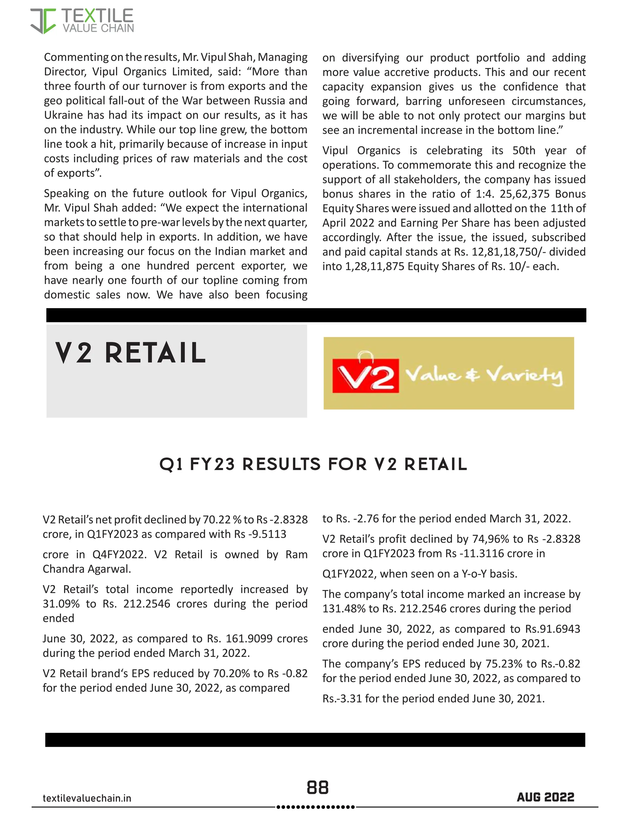 88 AUG 2022
textilevaluechain.in
Commentingontheresults,Mr.VipulShah,Managing
Director, Vipul Organics Limited, said: “More than
three fourth of our turnover is from exports and the
geo political fall-out of the War between Russia and
Ukraine has had its impact on our results, as it has
on the industry. While our top line grew, the bottom
line took a hit, primarily because of increase in input
costs including prices of raw materials and the cost
of exports”.
Speaking on the future outlook for Vipul Organics,
Mr. Vipul Shah added: “We expect the international
marketstosettletopre-warlevelsbythenextquarter,
so that should help in exports. In addition, we have
been increasing our focus on the Indian market and
from being a one hundred percent exporter, we
have nearly one fourth of our topline coming from
domestic sales now. We have also been focusing
on diversifying our product portfolio and adding
more value accretive products. This and our recent
capacity expansion gives us the confidence that
going forward, barring unforeseen circumstances,
we will be able to not only protect our margins but
see an incremental increase in the bottom line.”
Vipul Organics is celebrating its 50th year of
operations. To commemorate this and recognize the
support of all stakeholders, the company has issued
bonus shares in the ratio of 1:4. 25,62,375 Bonus
Equity Shares were issued and allotted on the 11th of
April 2022 and Earning Per Share has been adjusted
accordingly. After the issue, the issued, subscribed
and paid capital stands at Rs. 12,81,18,750/- divided
into 1,28,11,875 Equity Shares of Rs. 10/- each.
V2 RETAIL
Q1 FY23 results for V2 retail
V2 Retail’s net profit declined by 70.22 % to Rs -2.8328
crore, in Q1FY2023 as compared with Rs -9.5113
crore in Q4FY2022. V2 Retail is owned by Ram
Chandra Agarwal.
V2 Retail’s total income reportedly increased by
31.09% to Rs. 212.2546 crores during the period
ended
June 30, 2022, as compared to Rs. 161.9099 crores
during the period ended March 31, 2022.
V2 Retail brand‘s EPS reduced by 70.20% to Rs -0.82
for the period ended June 30, 2022, as compared
to Rs. -2.76 for the period ended March 31, 2022.
V2 Retail’s profit declined by 74,96% to Rs -2.8328
crore in Q1FY2023 from Rs -11.3116 crore in
Q1FY2022, when seen on a Y-o-Y basis.
The company’s total income marked an increase by
131.48% to Rs. 212.2546 crores during the period
ended June 30, 2022, as compared to Rs.91.6943
crore during the period ended June 30, 2021.
The company’s EPS reduced by 75.23% to Rs.-0.82
for the period ended June 30, 2022, as compared to
Rs.-3.31 for the period ended June 30, 2021.
 