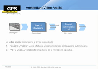 Architettura Video Analisi



                                                                           Fase di
                                   Fase di           Rilevazione
                                                                                        Risultati
                                                     positiva           elaborazione
                                rilevazione
                                                                            dati
    Immagine                  Basso livello                              Alto livello



 La video analisi di immagine si divide in due livelli:
 1. - “BASSO LIVELLO”: viene effettuata unicamente la fase di rilevazione sull’immagine
 2. - “ALTO LIVELLO”: elaborato unicamente se la rilevazione è positiva




FY 2009                      © 2009 GPS Standard, All rights reserved
 
