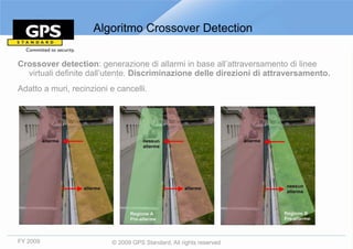 Algoritmo Crossover Detection

Crossover detection: generazione di allarmi in base all’attraversamento di linee
  virtuali definite dall’utente. Discriminazione delle direzioni di attraversamento.
Adatto a muri, recinzioni e cancelli.




FY 2009                   © 2009 GPS Standard, All rights reserved
 
