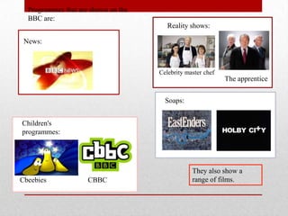 Programmes that are shown on the
  BBC are:
                                        Reality shows:

 News:



                                     Celebrity master chef
                                                             The apprentice


                                       Soaps:


Children's
programmes:




                                                 They also show a
Cbeebies             CBBC                        range of films.
 