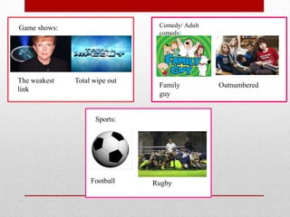 Game shows:                     Comedy/ Adult
                                comedy:




The weakest   Total wipe out
                                Family          Outnumbered
link
                                guy


                    Sports:




                   Football    Rugby
 