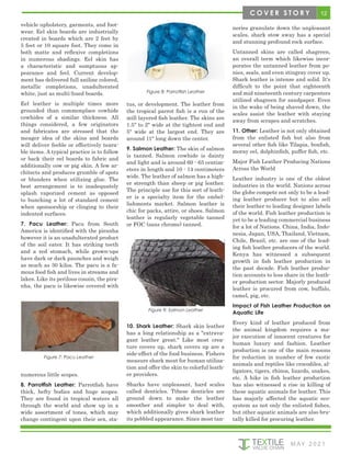 M AY 2 0 2 1
12
C O V E R S T O R Y
vehicle upholstery, garments, and foot-
wear. Eel skin boards are industrially
created in boards which are 2 feet by
5 feet or 10 square foot. They come in
both matte and reflexive completions
in numerous shadings. Eel skin has
a characteristic and sumptuous ap-
pearance and feel. Current develop-
ment has delivered full aniline colored,
metallic completions, unadulterated
white, just as multi-hued boards.
Eel leather is multiple times more
grounded than commonplace cowhide
cowhides of a similar thickness. All
things considered, a few originators
and fabricates are stressed that the
meager idea of the skins and boards
will deliver feeble or effectively teara-
ble items. A typical practice is to follow
or back their eel boards to fabric and
additionally cow or pig skin. A few ar-
chitects and produces grumble of spots
or blunders when utilizing glue. The
best arrangement is to inadequately
splash vaporized cement as opposed
to bunching a lot of standard cement
when sponsorship or clinging to their
indented surfaces.
7. Pacu Leather: Pacu from South
America is identified with the piranha
however it is an unadulterated product
of the soil eater. It has striking teeth
and a red stomach, while grown-ups
have dark or dark paunches and weigh
as much as 30 kilos. The pacu is a fa-
mous food fish and lives in streams and
lakes. Like its perilous cousin, the pira-
nha, the pacu is likewise covered with
numerous little scopes.
8. Parrotfish Leather: Parrotfish have
thick, hefty bodies and huge scopes.
They are found in tropical waters all
through the world and show up in a
wide assortment of tones, which may
change contingent upon their sex, sta-
Figure 7: Pacu Leather
tus, or development. The leather from
the tropical parrot fish is a run of the
mill layered fish leather. The skins are
1.5" to 2" wide at the tightest end and
5" wide at the largest end. They are
around 11" long down the center.
9. Salmon Leather: The skin of salmon
is tanned. Salmon cowhide is dainty
and light and is around 60 - 65 centim-
eters in length and 10 - 14 centimeters
wide. The leather of salmon has a high-
er strength than sheep or pig leather.
The principle use for this sort of leath-
er is a specialty item for the embel-
lishments market. Salmon leather is
chic for packs, attire, or shoes. Salmon
leather is regularly vegetable tanned
or FOC (sans chrome) tanned.
Figure 8: Parrotfish Leather
Figure 9: Salmon Leather
10. Shark Leather: Shark skin leather
has a long relationship as a "extrava-
gant leather great." Like most crea-
ture covers up, shark covers up are a
side-effect of the food business. Fishers
measure shark meat for human utiliza-
tion and offer the skin to colorful leath-
er providers.
Sharks have unpleasant, hard scales
called denticles. Tthese denticles are
ground down to make the leather
smoother and simpler to deal with,
which additionally gives shark leather
its pebbled appearance. Since most tan-
neries granulate down the unpleasant
scales, shark stow away has a special
and stunning profound rock surface.
Untanned skins are called shagreen,
an overall term which likewise incor-
porates the untanned leather from po-
nies, seals, and even stingray cover up.
Shark leather is intense and solid. It's
difficult to the point that eighteenth
and mid nineteenth century carpenters
utilized shagreen for sandpaper. Even
in the wake of being shaved down, the
scales assist the leather with staying
away from scrapes and scratches.
11. Other: Leather is not only obtained
from the enlisted fish but also from
several other fish like Tilapia, boxfish,
moray eel, dolphinfish, puffer fish, etc.
Major Fish Leather Producing Nations
Across the World
Leather industry is one of the oldest
industries in the world. Nations across
the globe compete not only to be a lead-
ing leather producer but to also sell
their leather to leading designer labels
of the world. Fish leather production is
yet to be a leading commercial business
for a lot of Nations. China, India, Indo-
nesia, Japan, USA, Thailand, Vietnam,
Chile, Brazil, etc. are one of the lead-
ing fish leather producers of the world.
Kenya has witnessed a subsequent
growth in fish leather production in
the past decade. Fish leather produc-
tion accounts to less share in the leath-
er production sector. Majorly produced
leather is procured from cow, buffalo,
camel, pig, etc.
Impact of Fish Leather Production on
Aquatic Life
Every kind of leather produced from
the animal kingdom requires a ma-
jor execution of innocent creatures for
human luxury and fashion. Leather
production is one of the main reasons
for reduction in number of few exotic
animals and reptiles like crocodiles, al-
ligators, tigers, rhinos, lizards, snakes,
etc. A hike in fish leather production
has also witnessed a rise in killing of
these aquatic animals for leather. This
has majorly affected the aquatic eco-
system as not only the enlisted fishes,
but other aquatic animals are also bru-
tally killed for procuring leather.
 