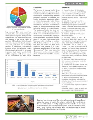 39
M AY 2 0 2 1
loop manner. The term closed-loop
means that the raw materials employed
in the process acquired from post-con-
sumer waste and made into recycling
and adapted to use into a variety of
products [3] (Madaria, 2018). Growth
substrates incorporated such as saw-
dust, corn, and straw are usually by-
products of agriculture that facilitate
creative re-use. The effective growth
of mycelium is achieved by an organ-
ic process that makes up the leath-
er-like composite with a low impact
on the environment [6] (Qua, 2019).
Figure 5: Percentage more people ready to pay for sustainable fashion
(Source: Survey on global perspective by KPMG)
Conclusion
The process of making leather from
mushrooms that too inclusive of re-
newable ingredients and customization
technology is unprecedented. With the
constantly evolving technologies, the
leather alternative is expected to have
an extraordinary market in the future.
In addition to enormous benefits, my-
celium-based materials have the least
impact on the environment than mak-
ing them superior to typical leather.
The mushroom leather has been pro-
duced on a small scale now; when it
starts to be manufactured in extensive
volumes then customers will highly get
attracted to such sustainable fashion.
Also, we can state that money is the
big concern in switching to sustain-
able fashion, if there is cost reduc-
tion, hope the leather can draw much
attention from buyers [13]. Every
individual should aware of the term
“Eco-conscious”. Once they started to
show concern for the environment then
green could be an incredible trend in
the world.
References
1) Haneef, M., Luca, C., Cloudia, C.,
Jose, H.-G., & Athanassia, A. (2017, 01 24).
Advanced Materials From Fungal Myce-
lium: Fabrication and Tuning of Physical
Properties. Scientific Reports, 7. doi:10.1038/
srep41292
2) J, K., T, S., Rames, P., & Kavitha, S.
(2015, 02 15). Eco-friendly waste manage-
ment strategies for greener environment
towards sustainable development in leather
industry: A comprehensive review. Jour-
nal of cleaner production. doi:10.1016/j.
jclepro.2014.11.013
3) Madaria, D. (2018). I search paper:
Mushroom Leather.
4) Mitchell P, J., Antoni, G., Sabu, J., &
Alexander, B. (2020, 09 07). Leather-like ma-
terial fabrication using fungi. Natural sustain-
ability. doi:10.1038/s41893-020-00606-1
5) Mitchell P, J., Tien, H., Chaitali, D., F, D.,
& John , S. (2017). Mycelium Composites: A
Review of Engineering Characteristics and
Growth Kinetics. Journal of Bionanoscience.
6) Qua, F. (2019). A qualitative study on
sustainable materials for design through a
comparative review of leather and its mod-
ern alternatives.
7) Stamets, P. (2005). Mycelium Running:
How mushrooms can save the world. New
York: Ten-speed press.
8) “Bolt Threads – Mylo.” Bolt Threads, Bolt
Threads Inc., http://www.boltthreads.com
9) Reishi™: https://www.madewithreishi.
com/products
10) Myco Works
https://www.mycoworks.com/our-
products#an-advanced-materials-platform
11) Mushroom Leather is more than a
sustainable alternative to animal skin by
Katherine Saxon https://wtvox.com/fashion/
mushroom-leather
12) Eco vative design: https://ecovativede-
sign.com/
Sustainable fashion, a survey on global per-
spectives by KPMG, FASHION SUMMIT.
R E V I E W P A P E R
Leather has been around for quite a long time and is produced
using the skins of expired creatures without the requirement
for the utilization of costly engineered materials. It has con-
sistently been eco-accommodating and that is something that
won't ever change particularly with the appearance of biode-
gradable leather in the 21st century.
F A C T S
Figure 5: Illustration of eco-friendly nature
of mushroom leather
 