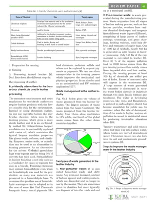 41
M AY 2 0 2 1
Fig. No. 3 Steps to improve waste manage-
ment [8]
R E V I E W P A P E R
Name of Chemical Use Target organs
Chromium sulphate
Principal raw material used in the production
of chrome tanning materials for the leather
industry like Chrome-tanning salts
Blood, kidneys, heart,
lungs, eyes and carcinogen
Chromium used for dyeing Kidney, CNS,
Short chain chlorinated
paraffin's (PBT)
Additive for the leather treatment (renders
smoothness to leather), leather clothing and
belts and as a leather oiling agent.
Liver, kidney, thyroid and
carcinogen
Cobalt dichloride
Used in leather dyeing and
finishing as well found in tanned leather
Lungs, liver, kidney, heart,
skin
Methyl isothiazolinone Biocide, microbiological protection Skin, eyes and carcinogen
Formaldehyde HCHO
Heavy metals Arsenic
Leather finishing Eyes, lungs and carcinogen
1. Preparation for tanning,
2. Tanning
3. Processing tanned leather [4].
No.1 lists down the different steps in
the processing of leather.
Eco-friendly alternatives for the haz-
ardous chemicals used in leather
processing
The consumer consciousness and strict
regulations by worldwide authorities
require leather products with the low-
est possible risk for the environment.
Instead of using chromium sulfate,
we can use vegetable tannin like que-
bracho, chestnut, behra nuts in the
tanning process, which gives a more
stable leather and it is an eco-friend-
ly method [6]. Nitrocellulose lacquer
emulsions can be successfully replaced
with castor oil, which maintains the
typical lacquer emulsion properties
like glossy touch, softness, and elastic-
ity. Enzymes, amino acids, or oxazoli-
dine can be used as an alternative in
tanning processes. As an alternative
for the solvent N-Methyl pyrrolidone
high wear topcoat acrylics being free of
solvents has been used. Formaldehyde
in leather finishing is not only used as
a crosslinker for cases in topcoats but
also as a biocide. Finishing chemicals
may contain formaldehyde even when
no formaldehyde was used for the pro-
duction, as many raw materials are
preserved in a formaldehyde base. To
overcome this problem use of formalde-
hyde scavengers can be adopted as in
the case of some Wet End Chemicals
Inorganic heavy metal pigments like
lead chromate, cadmium sulfide and
others can be replaced by organic pig-
ments or pigments. We can use silver
nanoparticles in the tanning process
which improves the mechanical and
physical properties. It can also be used
as an antimicrobial and UV resistant
application [5][7].
Waste management in the leather in-
dustry
Fig. No.2 below gives the volume of
waste generated from the leather In-
dustry. The largest amount of waste
comes from the Asian Continent. The
waste generated from the leather In-
dustry from China alone contributes
to 13% while, one-fourth of the global
waste comes from the other Asian
countries together.
Table No. 1 Harmful chemicals use in leather industry [4] up in a municipal landfill.
2. Pre-consumer waste: is waste gen-
erated during the manufacturing pro-
cess. Waste originates from all stages
of leather making process, such as fine
leather particles, residues from vari-
ous chemical discharges, and reagents
from different waste liquors (Effluent),
comprising of large pieces of leather
cuttings, trimmings, and gross shav-
ings, fleshing residues, solid hair de-
bris and remnants of paper bags. Out
of 1000 kg of rawhide, nearly 850 kg
is generated as solid wastes in leath-
er processing. Only 150 Kg of the raw
material is converted to leather [9].
Over 80 % of the organic pollution
load in BOD terms comes from the
pre-tanning process this mainly comes
from degraded skin and hair matter.
During the tanning process at least
300 kg of chemicals are added per
ton of hides. Excess of non-used salts
will appear in the wastewater [8].
A large amount of waste generated
by tanneries is discharged in natu-
ral water bodies directly or indirectly
through two open drains without any
treatment. The water in developing
countries, like India and Bangladesh,
is polluted to such a degree, that it has
become unsuitable for public use. In
summer, when the rate of decomposi-
tion of the waste is higher, serious air
pollution is caused in residential areas
by producing intolerable obnoxious
odors [10].
Tannery wastewater and solid wastes
often find their way into surface water,
where toxins are carried downstream
water. Chromium waste can also leak
into the soil and contaminate ground-
water systems [9].
Steps to improve the waste manage-
ment in the leather industry
Two types of waste generated in the
leather industry
1. Post-consumer waste: It is also
called household waste and dirty
waste. Any worn out, damaged, and out
of fashion apparel and textile products,
which are discarded and no longer in
use by the wearer. They are sometimes
given to charities but more typically
are disposed of into the trash and end
 