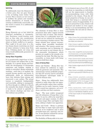 58
M AY 2 0 2 1
S U S T A I N A B L E F I B E R
Spinning
To additionally treat the filaments for
a better yarn, they are gone through
a box of boiling water before being
turned. This is known as wet turning.
It mollifies the gelatin and considers
further detachment of strands. Dry
turning is additionally conceivable, yet
the result is coarser. It is additionally
less expensive.
Baling
Hemp filaments are at last baled for
long-haul stockpiling or transporta-
tion. Enormous, round bunches work
best as they take into consideration
better drying. and the hemp isn't just
about as firmly stuffed as in squares.
They ought to be put away in a dry,
less damp climate restricting any kind
of water entrance to keep away from
form. Utilizing plastic net wrap and
twine would additionally guarantee its
uprightness.
Hemp Fiber Properties
It is exceptionally impervious to hurt-
ful UV beams and willnot blur in the
daylight. It is speedy drying and fore-
stalls the development of microscopic
organisms and buildup, making it
hostile to microbial. Hemp withstands
washing – each time it is washed, the
strands become gentler and better. It
additionally sheds an infinitesimal
layer that abstains from ruining and
uncovered a new surface. The actual
texture is completely biodegradable
and recyclable, adding to manageabil-
ity. Even though it is difficult to blanch
the normally dim shade of hemp fiber,
it tends to be colored in splendid or
more obscure shadings and does not
blur without any problem.
The elasticity of hemp fiber is more
prominent than other vegetal strands
and twice that of cotton. This demon-
strates that it is undeniably more sol-
id and can be utilized for mechanical
items requiring a sturdier texture. The
hemp strands have minute recesses,
making them incredibly breathable
and retentive. The texture assists one
with remaining cool in blistering cli-
mate and warm in cool climate due to
the catacombic development, which
permits air caught in the strands to be
warmed by the body. The fiber has low
versatility, so items made with hemp
textures hold their shape.
Uses of Hemp fiber
Attire and Textiles - Hemp fiber has
been utilized for millennia to make
cloth for garments and materials. The
material has various profitable proper-
ties like UV security and its microbial/
hypo-allergenic advantages make it
ideal for delicate skin.
Shoes - Hemp has additionally been
utilized to make shoes that are agree-
able and durable rather than cowhide.
Calfskin can be costly; however, hemp
fiber is much less expensive, not as te-
dious, and does not hurt creatures.
Paper - The most widely recognized
and old utilization of hemp fiber is for
paper. It can be a fill-in for wood fiber
in mash and paper creation. It offers
4-5 times longer fiber and higher elas-
ticity, adding to higher tear opposition.
Ropes and Cords - Hemp is perhaps
the best fiber to make ropes and ropes
because of its toughness and is more
grounded than jute, material, and cot-
ton. It was likewise utilized for sail ap-
paratus and anchor strings.
The flexibility of Hemp adds to its year-
ly development pace of over 30%. It will
just keep on expanding as individuals
roll out the improvement to feasible,
eco-accommodating items with little
mischief to the climate. From the dif-
ferent properties of hemp, we can con-
clude that hemp is a material with a
fantastic extent of supportability. It is
not just natural but is also climate well
disposed and modest in every aspect.
Hemp is eco-accommodating and like-
wise benefits the soil and air where it
is developed.
References
•	 https://www.the-sustainable-fashion-
collective.com/2014/12/02/hemp-fi-
bre-fabric-eco-benefit/
•	 https://www.nugistics.io/hemp-fiber-
extraction-processing-properties/
Image source
•	 https://arc-anglerfish-arc2-prod-pmn.
s3.amazonaws.com/public/KB2HJM-
SUEFGHLO2EDE7P6WRJEY.jpg
•	 https://www.ksre.k-state.edu/news/
images/news-stories/2019/ag-natural-
resources/ukhempharvest%20web.jpg
•	 https://njaes.rutgers.edu/fs1312/fs1312-
main-1.jpg
•	 https://www.unnatisilks.com/blog/wp-
content/uploads/2019/06/Group-2-2.
jpg
•	 https://static.wixstatic.com/me-
dia/e4039a_531d48f0b94340799e
5bdb0a4641127d~mv2.jpg/v1/fit/
w_320%2Ch_600%2Cal_c%2Cq_80/file.
jpg
•	 https://previews.123rf.com/im -
a g e s / m a h r o c h / m a h r o c h 1 0 0 7 /
mahroch100700050/7468070-detail-
of-the-rope-made-of-natural-fibres-of-
hemp.jpg
Figure 4: Hemp Ropes and Cords
 