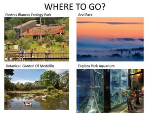 WHERE TO GO? 
Piedras Blancas Ecology Park Arví Park 
Botanical Garden Of Medellín Explora Park Aquarium 
