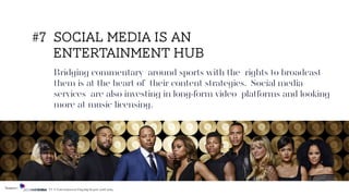 Bridging commentary around sports with the rights to broadcast
them is at the heart of their content strategies. Social media
services are also investing in long-form video platforms and looking
more at music licensing.
#7 social media is an
entertainment hub
Source: TV & Entertainment Flagship Report 2018/2019
 