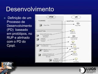 Desenvolvimento
    Definição de um
    Processo de
    Desenvolvimento
    (PD) baseado
    em protótipos, no
    RUP e alinhado
    com o PD do
    Cpqd.
 