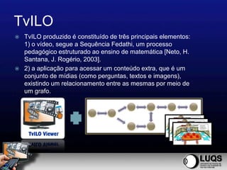 TvILO
   TvILO produzido é constituído de três principais elementos:
    1) o vídeo, segue a Sequência Fedathi, um processo
    pedagógico estruturado ao ensino de matemática [Neto, H.
    Santana, J. Rogério, 2003].
   2) a aplicação para acessar um conteúdo extra, que é um
    conjunto de mídias (como perguntas, textos e imagens),
    existindo um relacionamento entre as mesmas por meio de
    um grafo.
 