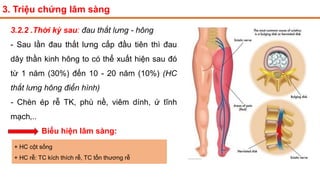 3. Triệu chứng lâm sàng
3.2.2 .Thời kỳ sau: đau thắt lưng - hông
- Sau lần đau thắt lưng cấp đầu tiên thì đau
dây thần kinh hông to có thể xuất hiện sau đó
từ 1 năm (30%) đến 10 - 20 năm (10%) (HC
thắt lưng hông điển hình)
- Chèn ép rễ TK, phù nề, viêm dính, ứ tĩnh
mạch,..
Biểu hiện lâm sàng:
+ HC cột sống
+ HC rễ: TC kích thích rễ, TC tổn thương rễ
 