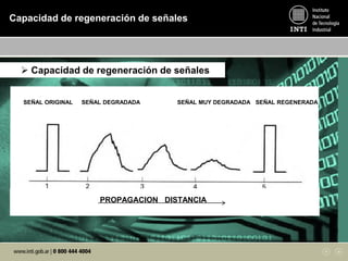  Capacidad de regeneración de señales
SEÑAL ORIGINAL SEÑAL DEGRADADA SEÑAL MUY DEGRADADA SEÑAL REGENERADA
PROPAGACION DISTANCIA
Capacidad de regeneración de señales
 