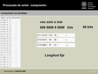 veo solo a lola
888 8888 8 8888 bits
Longitud fija
96 bits
Procesado de señal -compresión
Compresión sin pérdidas
 