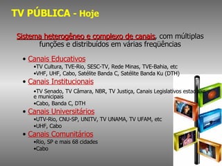 TV PÚBLICA  - Hoje Sistema heterogêneo e complexo de canais , com múltiplas funções e distribuídos em várias freqüências Canais Educativos TV Cultura, TVE-Rio, SESC-TV, Rede Minas, TVE-Bahia, etc VHF, UHF, Cabo, Satélite Banda C, Satélite Banda Ku (DTH) Canais Institucionais TV Senado, TV Câmara, NBR, TV Justiça, Canais Legislativos estaduais e municipais Cabo, Banda C, DTH Canais Universitários UTV-Rio, CNU-SP, UNITV, TV UNAMA, TV UFAM, etc UHF, Cabo Canais Comunitários Rio, SP e mais 68 cidades Cabo 