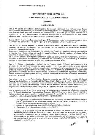 ECUADOR: TV Digital - Res N°RTV-155-06-CONATEL-2012