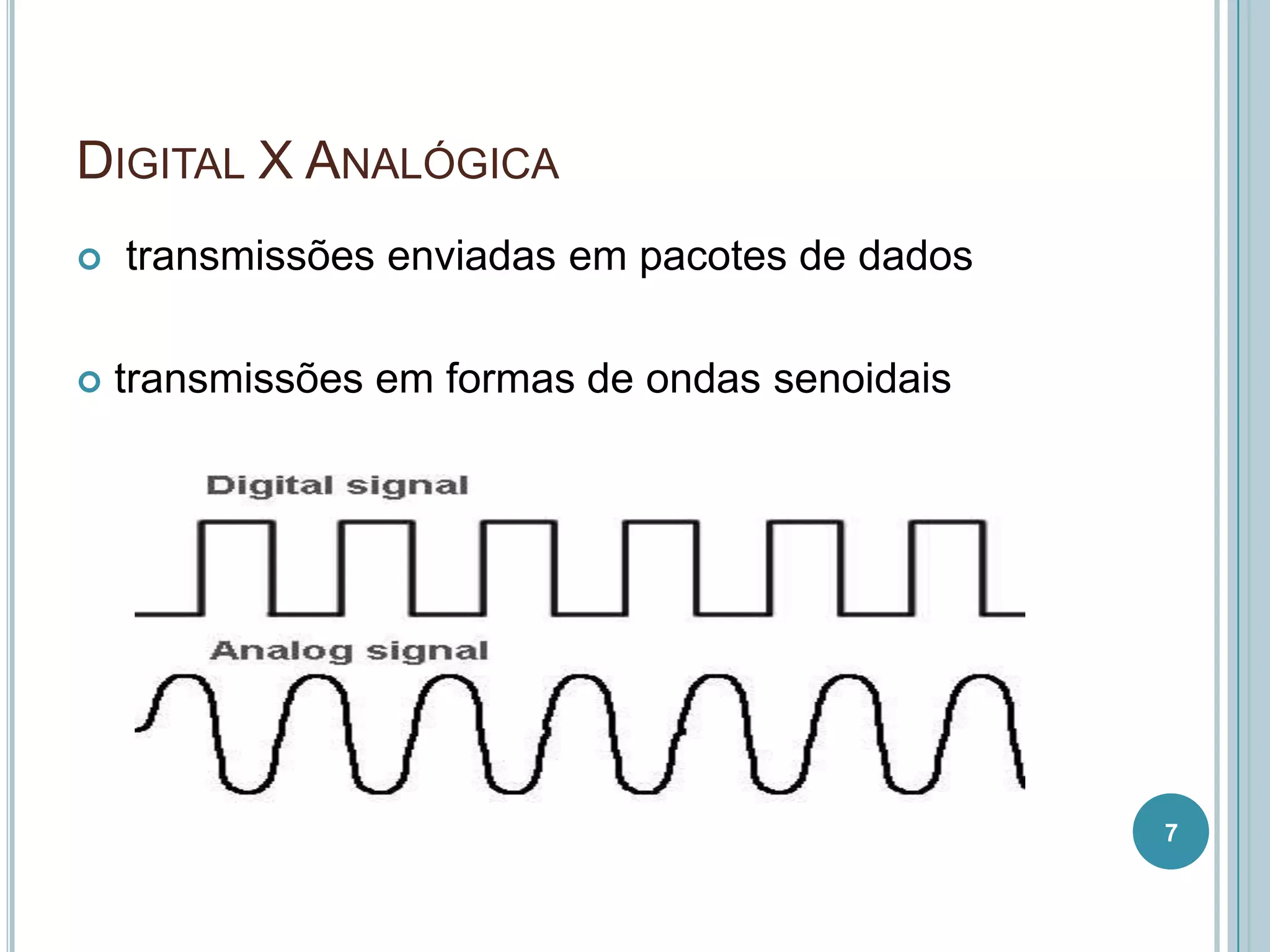 DIGITAL X ANALÓGICA
   transmissões enviadas em pacotes de dados

   transmissões em formas de ondas senoidais




                                                7
 