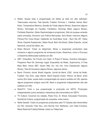 12
● Globo: Quase toda a programação da Globo já está em alta definição:
Telenovelas noturnas, Tela Quente, Futebol, Fórmula 1, Voleibol, Series, Bem
Estar, Temperatura Máxima, Sessão da Tarde (alguns filmes), Supercine (alguns
filmes), Domingão do Faustão, Fantástico, Domingo Maior (alguns filmes),
Profissão Repórter, Globo Repórter(alguns programas), Sitio do picapau amarelo
(série animada), Encontro com Fátima Bernardes, Som Brasil, Intercine (Alguns
Filmes),The Voice Brasil, Caldeirão do Huck,Mais Você , Bom Dia SP, Video
Show, Esporte Espetacular, Globo Rural, Bom Dia Brasil, Globo Esporte, Jornal
Nacional, Jornal da Globo, etc.
● Rede Record: Todos os telejornais, filmes e programas produzidos pela
emissora e alguns programas de emissoras locais. Desenhos, como o Pica-pau
e Desenhos Bíblicossão exibidos em SD.
● SBT: Chiquititas, De Frente com Gabi, A Praça É Nossa, Aventura Selvagem,
Programa Raul Gil, Domingo Legal, Esquadrão da Moda, Supernanny, A Feia
Mais Bela, Arena SBT, Quem Não Viu, Vai Ver, Cine Espetacular (alguns
filmes), Tela de Sucessos (alguns filmes), algumas séries.
● Band: Primeiro Jornal, Brasil Urgente, Jornal da Band, CQC, Jornal da Noite,
Futebol, Top Cine, Jogo Aberto, Band Esporte Clube, Pânico na Band, entre
outros (Em base, quase toda a programação do canal é exibido em HD, apenas
alguns programas antigos como Mr. Bean e programas independentes não são
exibidos em HD).
● RedeTV!: Toda a sua programação é produzida em HDTV. Produções
independentes (como seriados e desenhos) são transmitidos em SDTV.
● TV Cultura: Cocoricó (na cidade), Roda Viva, Sr. Brasil, Educação Financeira,
Quintal da Cultura, programação de orquestra, entre outros.
● Rede Gazeta: Todos os programas produzidos pela TV Gazeta são transmitidos
em HD, incluindo Todo Seu, com Ronnie Von; Mulheres, com Cátia Fonseca,
Mesa Redonda Futebol Debate, todos os Telejornais
 
