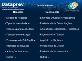 Oportunidades

           Negócios                          Profissionais

✔    Modelo de Negócios             ✔    Empresas Difusoras / Propaganda

✔    Tipos de Interatividade        ✔    Profissionais de Comunicações
 
✔    Impactos para a sociedade      ✔    Antropólogos , Sociólogos, Psicólogos
 
✔    Técnicas de modulação          ✔    Engenheiros e Técnicos
 
✔    Tecnologias de Set­Top Box     ✔    Arquiteto de Hardware
                                     
✔    Interfaces do Usuários         ✔    Profissionais de Design

✔ Aplicações Interativas            ✔    Profissionais de Informática
    
✔ Outros ...                        ✔    Outros ...
 