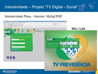 Interatividade – Projeto “TV Digital - Social”

Interatividade Plena – Internet MySql/PHP


                                            NCL / LUA




WEB
 