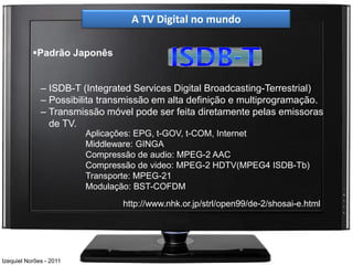 A TV Digital no mundo

           Padrão Japonês


              – ISDB-T (Integrated Services Digital Broadcasting-Terrestrial)
              – Possibilita transmissão em alta definição e multiprogramação.
              – Transmissão móvel pode ser feita diretamente pelas emissoras
                de TV.
                         Aplicações: EPG, t-GOV, t-COM, Internet
                         Middleware: GINGA
                         Compressão de audio: MPEG-2 AAC
                         Compressão de video: MPEG-2 HDTV(MPEG4 ISDB-Tb)
                         Transporte: MPEG-21
                         Modulação: BST-COFDM
                                http://www.nhk.or.jp/strl/open99/de-2/shosai-e.html




Izequiel Norões - 2011
 