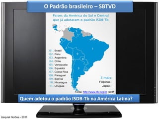 O Padrão brasileiro – SBTVD




                                     Fonte: http://www.dtv.org.br (2011)

               Quem adotou o padrão ISDB-Tb na América Latina?


Izequiel Norões - 2011
 