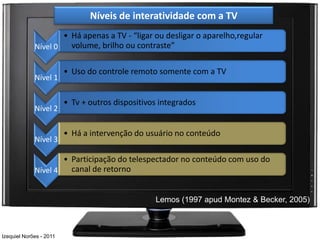 Níveis de interatividade com a TV
                     • Há apenas a TV - “ligar ou desligar o aparelho,regular
             Nível 0   volume, brilho ou contraste”

                         • Uso do controle remoto somente com a TV
             Nível 1

                         • Tv + outros dispositivos integrados
             Nível 2

                         • Há a intervenção do usuário no conteúdo
             Nível 3

                     • Participação do telespectador no conteúdo com uso do
             Nível 4   canal de retorno


                                                  Lemos (1997 apud Montez & Becker, 2005)



Izequiel Norões - 2011
 