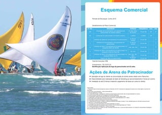 Esquema Comercial
Ações de Arena do Patrocinador
Observações:
1. Preço com base na lista de preços de Janeiro a Dezembro de 2014, devendo ser reajustado de acordo com a lista vigente no período de
veiculação;
2. Prazo para comercialização: 1 mês de antecedência;
3. Prazo de pagamento: 15 DFM;
4 Os custos de produção / instalação de materiais promocionais do patrocinador são de responsabilidade do mesmo;
5. Os patrocinadores deverão ser de categoria de produtos diferentes;
6. A Programação Indeterminada será distribuída nos períodos: manhã, tarde e noite;
7. A elaboração e execução da campanha promocional são de responsabilidade da TV Diário;
8. Este projeto está condicionado à venda de 04 cotas;
9. A mídia básica poderá ser alterada em função da disponibilidade;
10. O cliente deverá fornecer a vinheta ou assinarura eletrônica das peças, formato: 72 dpi, 640x480 pixels em XDCAM (incluindo Ancine)
e o texto de 5” a ser gravado pela emissora;
11. A produção do VT do patrocinador é de responsabilidade do mesmo;
12.A produção publicitária da campanha (spot, anúncio, VT) é de responsabilidade da TV Diário;
13. O valor apresentado corresponde a 1 mês de veiculação;
14. A TV Diário se reserva no direito de exibir chamadas adicionais sem a marca dos patrocinadores, em função de necessidades estratégicas
e/ou promocionais dos mesmos;
Aplicação de logo do cliente na comunicação do evento sendo citado como Patrocínio;
Disponibilidade para realização de Ação de Sampling por aproximadamente 2 horas por evento;
Instalação de até 03 blimps (material e pagamento de taxas por conta do cliente).
Período de Veículação: Junho 2014
Detalhamento do Plano Comercial:
Total de Inserções:172
Investimento: R$ 53.815,33
Bonificação: Aplicação de logo do patrocinador em 02 velas
Nº INS. DESCRIÇÃO PERÍODO FREQUÊNCIA DUR. ASS.
105 7X por dia 30” 5”
45 Comerciais do patrocinador em horário rotativo. a definir a definir 30”
-
1 Vinhetas de abertura com assinatura do patrocinador. 1X por dia
-
7”
1 1X por dia
-
7”
6 1X por dia
-
7”
4 ter. qui. 1X por dia
-
7”
8 1X por dia
-
7”
2 1X por dia - 5”
Chamadas de envolvimento com assinatura do
patrocinador em horário rotativo.
15 dias antes
do evento
no dia do
evento
Vinhetas de encerramento com assinatura do
patrocinador.
no dia do
evento
Vinhetas de bloco com assinatura do patrocinador no
programa Diário da Manhã.
seg. qua. sex
Vinhetas de bloco com assinatura do patrocinador no
programa Jornal do Meio Dia.
Vinhetas de bloco com assinatura do patrocinador no
programa Diário na TV.
seg. qua. sex.
dom.
Insert's de vídeo do patrocinador
no dia do
evento
 