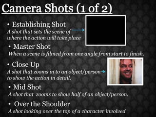 Camera Shots (1 of 2)Establishing ShotA shot that sets the scene of where the action will take placeMaster ShotWhen a scene is filmed from one angle from start to finish.Close UpA shot that zooms in to an object/person to show the action in detail.Mid ShotA shot that  zooms to show half of an object/person.Over the ShoulderA shot looking over the top of a character involved