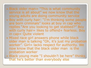 Black older man= “This is what community service is all about” we now know that the young adults are doing community serviceBoy with curly hair: “I’m thinking some people are born criminals” looks at boy in cap who replies “Are you looking to get stabbed?” Boy with curly hair= likes to offend+ fearless. Boy in cap= Quite violentMixed race girl answers phone while black older man is talking “Oh, it’s just my probation worker”. Girl= lacks respect for authority. We now know that the black older man  is the probation workerBlack young male “I shouldn’t be here” thinks that he’s better than everybody else
