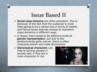 Issue Based II
O Social class divisions are often prevalent. This is
  because of the fact that the audience is most
  likely going to be a varied one in terms of wealth,
  and hence some dramas choose to represent
  class divisions in different ways.
O In these, there tends to be different kinds of
  gender representation, but due to the
  predominantly gritty nature, there is often
  inequality shown and male dominance.
O Stereotypical characters can
  help to portray people in
  society well, if they are a
  main character or not.
 