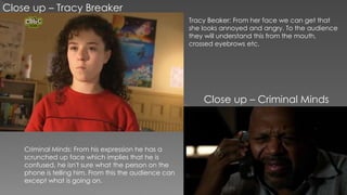Close up – Tracy Breaker
Close up – Criminal Minds
Tracy Beaker: From her face we can get that
she looks annoyed and angry. To the audience
they will understand this from the mouth,
crossed eyebrows etc.
Criminal Minds: From his expression he has a
scrunched up face which implies that he is
confused, he isn't sure what the person on the
phone is telling him. From this the audience can
except what is going on.
 