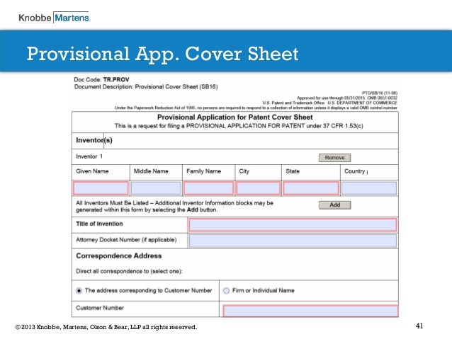uspto provisional cover sheet
