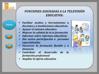 FUNCIONES ASIGNADAS A LA TELEVISIÓN
                         EDUCATIVA:

          Facilitar medios y herramientas a
Inicio
           docentes y a instituciones educativas.
          Apoyar el sistema educativo
          Mejorar la calidad de la in formación
          Informar sobre reformas educativas
          Dar activa participación a personas
           especializadas
          Favorecer la formación flexible y a
           distancia
          Contribuir al desarrollo de la
           formación profesional
          Ampliar la oferta educativa
 