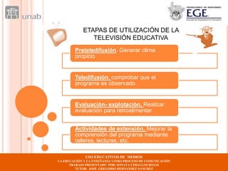 ETAPAS DE UTILIZACIÓN DE LA
               TELEVISIÓN EDUCATIVA
        Preteledifusión. Generar clima
        propicio


        Teledifusión. comprobar que el
        programa es observado


        Evaluación- explotación. Realizar
        evaluación para retroalimentar


        Actividades de extensión. Mejorar la
        comprensión del programa mediante
        talleres, lecturas, etc.

             USO EDUCATIVOS DE MEDIOS
LA EDUCACIÓN Y LA ENSEÑANZA COMO PROCESO DE COMUNICACIÓN
      TRABAJO PRESENTADO POR: SONATA CEBALLOS ROJAS
         TUTOR: JOSÉ GREGORIO HERNANDEZ SANCHEZ
 