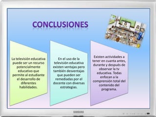 La televisión educativa 
puede ser un recurso 
potencialmente 
educativo que 
permite al estudiante 
el desarrollo de 
diferentes 
habilidades. 
En el uso de la 
televisión educativa 
existen ventajas pero 
también desventajas 
que pueden ser 
remediadas por el 
docente con diversas 
estrategias. 
Existen actividades a 
tener en cuanta antes, 
durante y después de 
observar la tv 
educativa. Todas 
enfocan a la 
comprensión total del 
contenido del 
programa. 
 