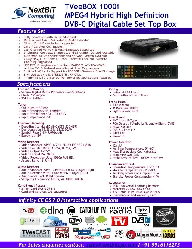 TVeeBoX 1000i MPEG4 Hybrid DVBC/IP Cable Set Top Box technical