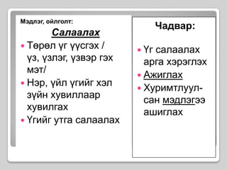 Мэдлэг, ойлголт:СалаалахТөрөл үг үүсгэх / үз, үзлэг, үзвэр гэх мэт/Нэр, үйл үгийг хэл зүйн хувиллаар хувилгах Үгийг утга салаалах Чадвар:Үг салаалах арга хэрэглэх АжиглахХуримтлуул-сан мэдлэгээ ашиглах