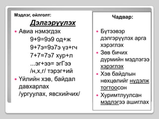 Мэдлэг, ойлголт:ДэлгэрүүлэхАвиа нэмэгдэх 		9+9=9э9 од+ж		9+7э=9э7э үз+гч		7+7=7э7 хур+л		...эг+ээ= эгГээ 		/н,х,г/ тэрэг+ийҮйлийн хэв, байдал давхарлах /ургуулах, явсхийчих/Чадвар:Бүтээвэр дэлгэрүүлэх арга хэрэглэх Зөв бичих дүрмийн мэдлэгээ хэрэглэхХэв байдлын нөхцөлийг нүдэлж тогтоосон Хуримтлуулсан мэдлэгээ ашиглах