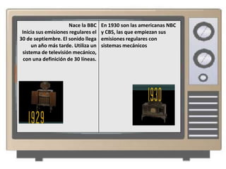 Nace la BBC    En 1930 son las americanas NBC
 Inicia sus emisiones regulares el   y CBS, las que empiezan sus
30 de septiembre. El sonido llega    emisiones regulares con
     un año más tarde. Utiliza un    sistemas mecánicos
 sistema de televisión mecánico,
  con una definición de 30 líneas.
 