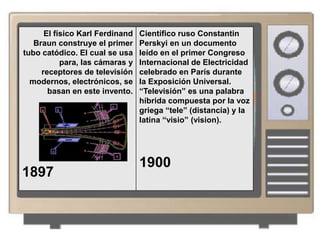 El físico Karl Ferdinand   Científico ruso Constantin
   Braun construye el primer     Perskyi en un documento
tubo catódico. El cual se usa    leído en el primer Congreso
           para, las cámaras y   Internacional de Electricidad
     receptores de televisión    celebrado en París durante
  modernos, electrónicos, se     la Exposición Universal.
       basan en este invento.    “Televisión” es una palabra
                                 híbrida compuesta por la voz
                                 griega “tele” (distancia) y la
                                 latina “visio” (vision).




                                 1900
1897
 