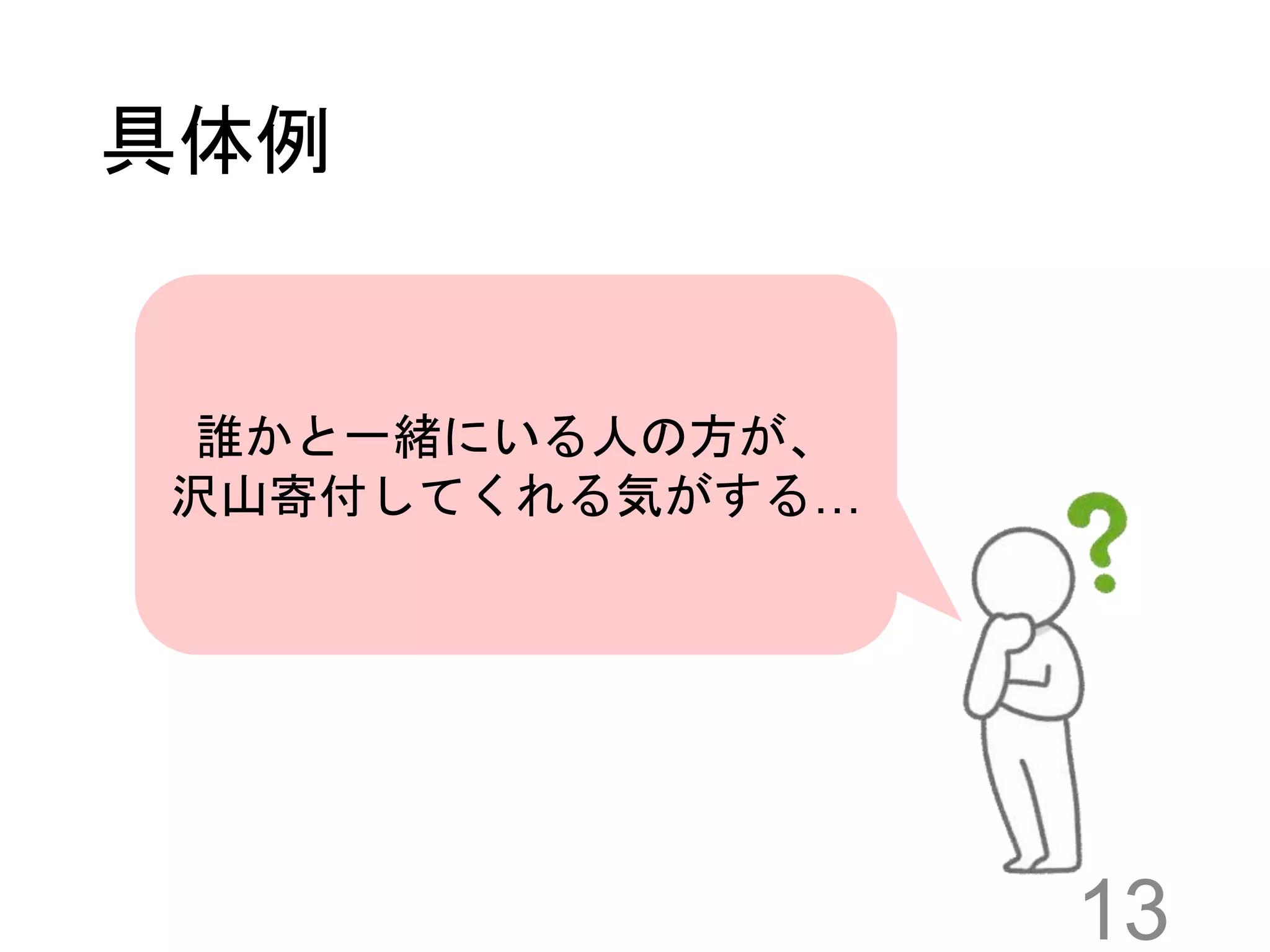 具体例
13
誰かと一緒にいる人の方が、
沢山寄付してくれる気がする…
 